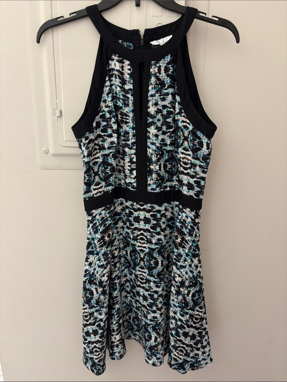 Parker Black, Teal & White Halter Mini Dress silk keyhole Medium